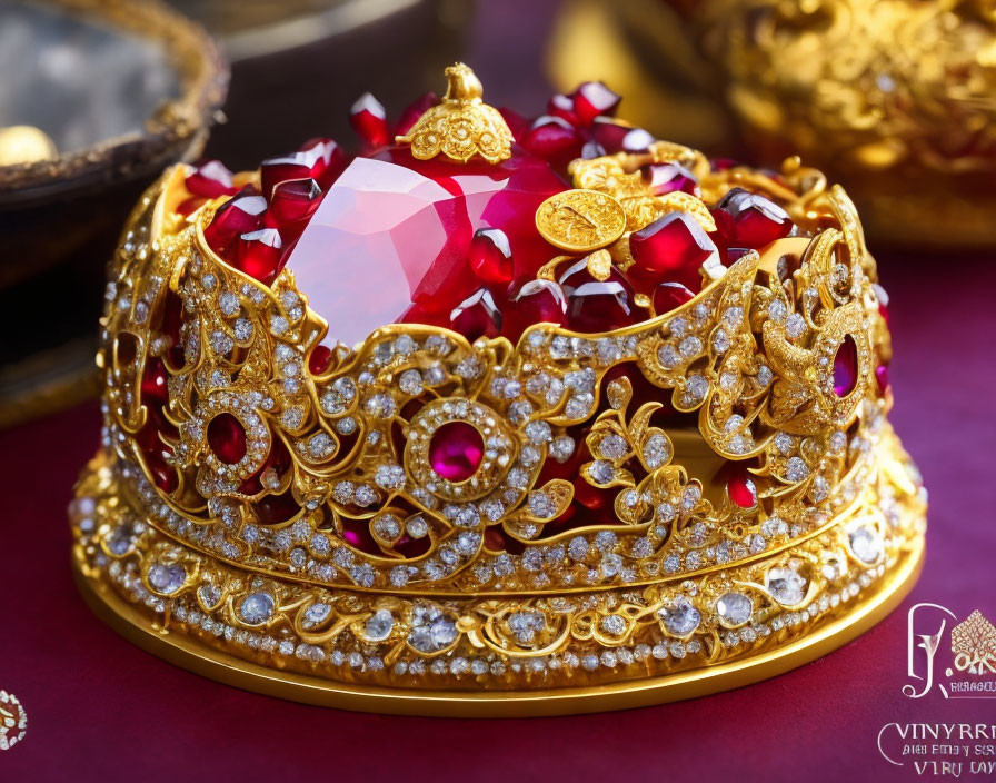 Golden Crown with Diamonds, Ruby, and Red Gemstones on Velvet Cushion