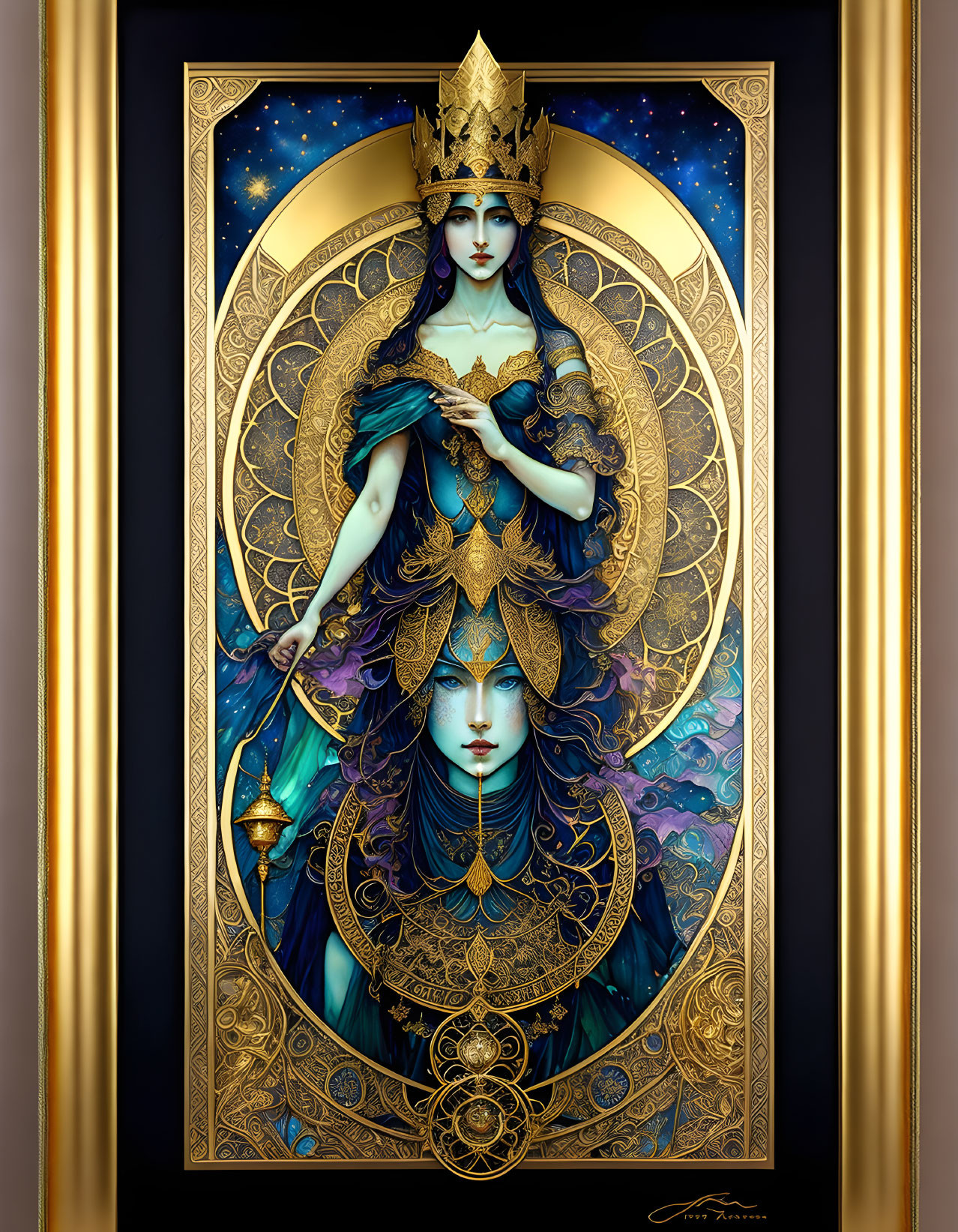 Detailed regal female figure in blue and gold attire with lantern, celestial motifs, black and gold frame