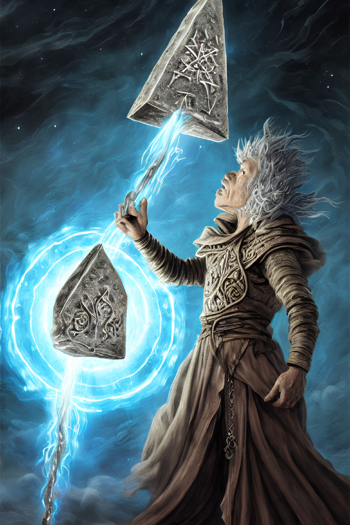 Elderly sorcerer casting magic with rune-etched stones under starry sky