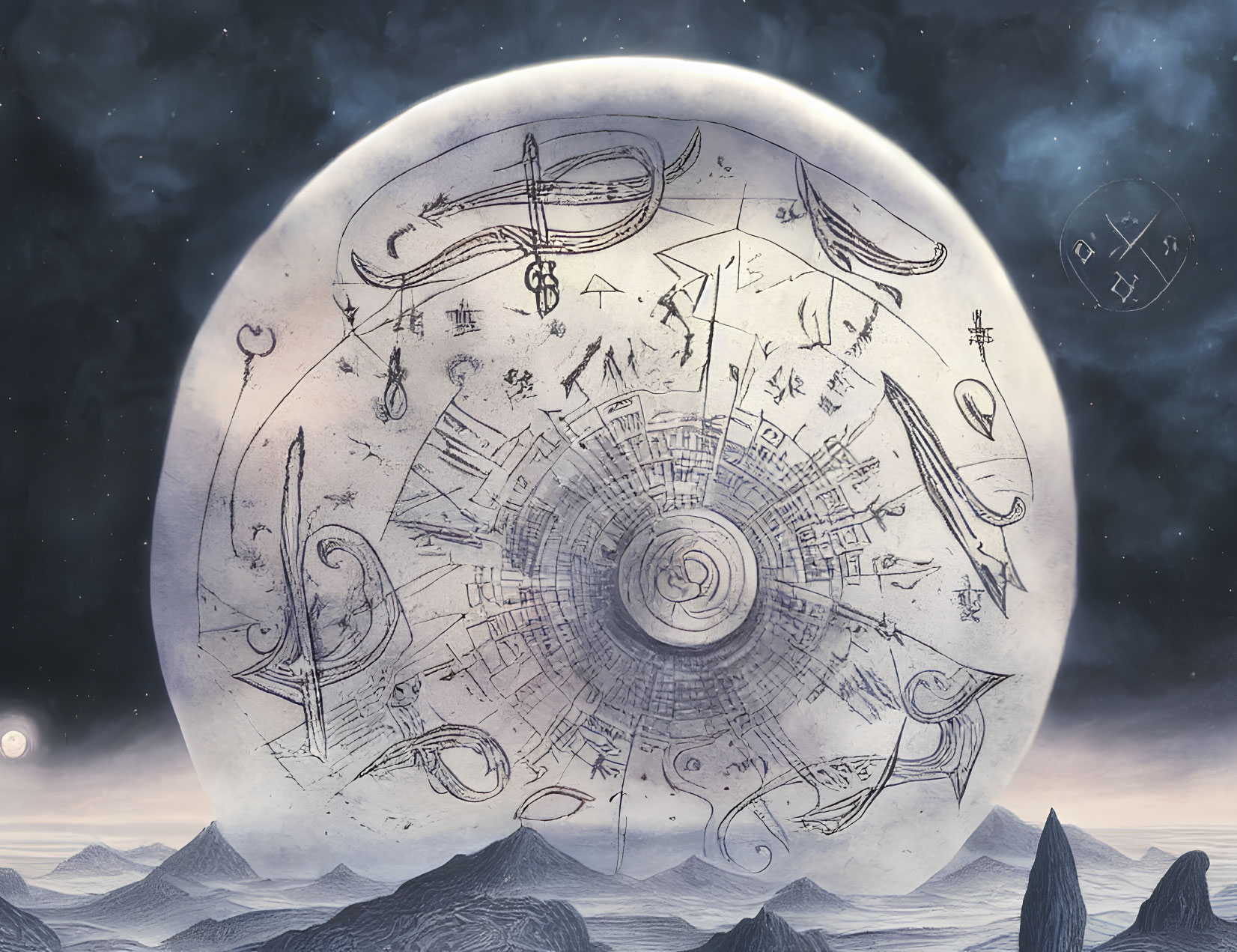 Large Transparent Moon with Intricate Symbols in Mystical Night Landscape