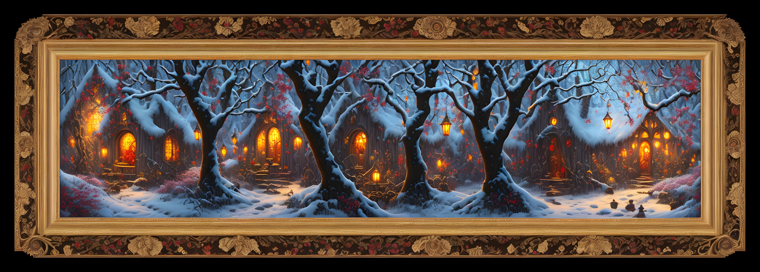 Detailed painting of magical winter forest in ornate frame