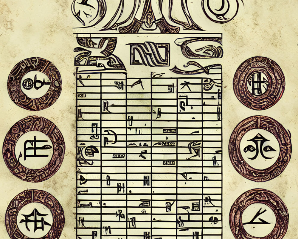 Vintage musical staff with alchemical symbols and cephalopod motif