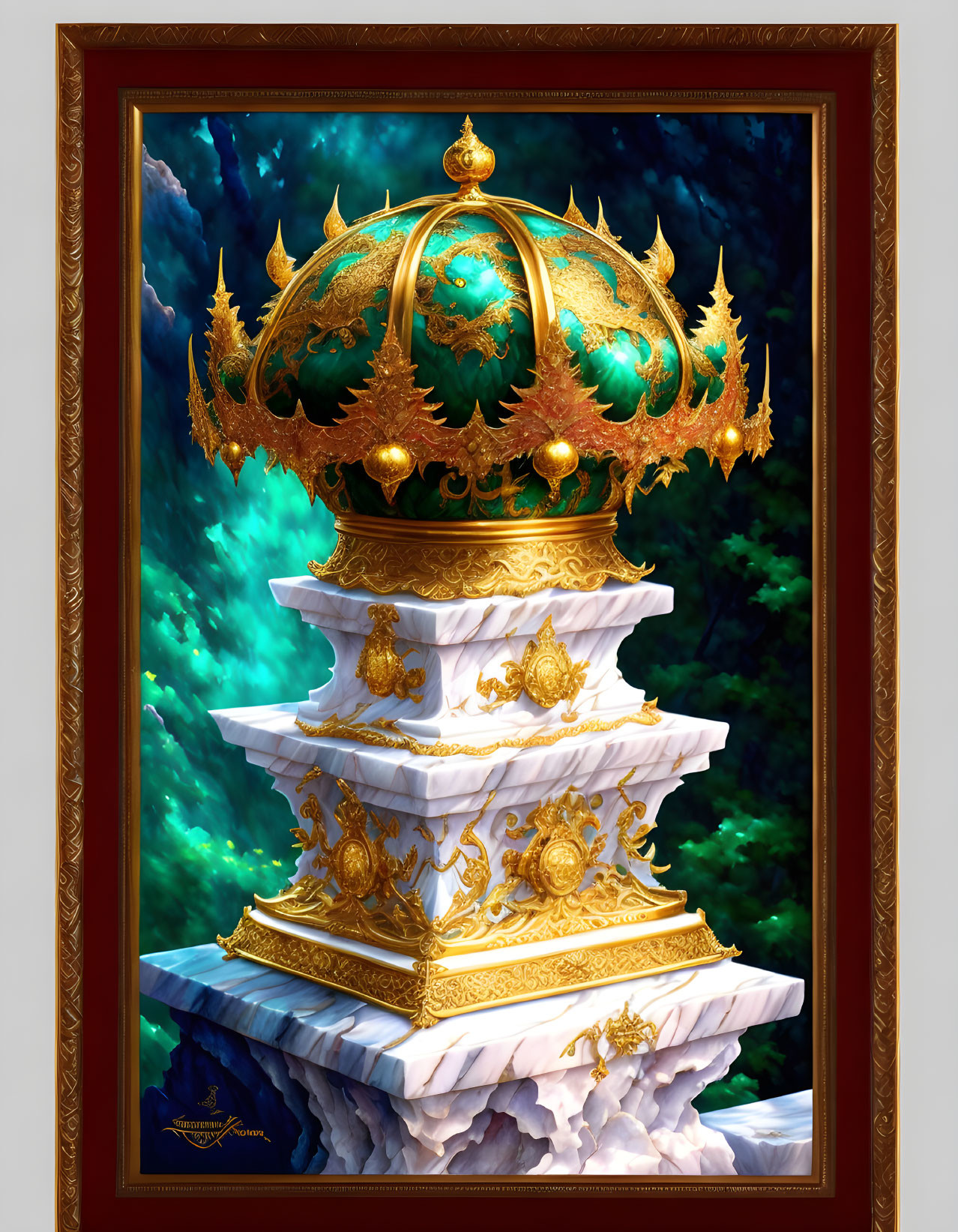 Intricate Golden Crown on White Pedestal with Emerald Background