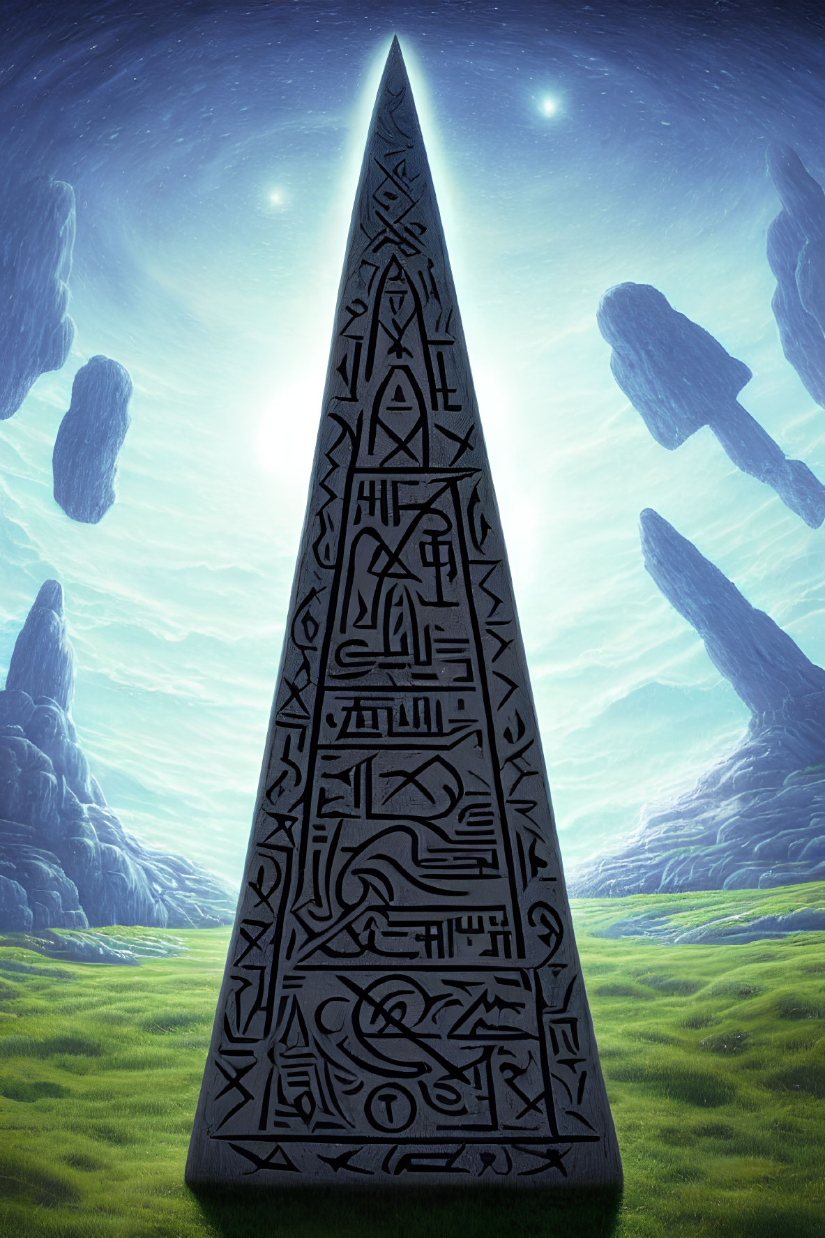 Intricately etched obelisk in mystical landscape with floating rocks and dual suns