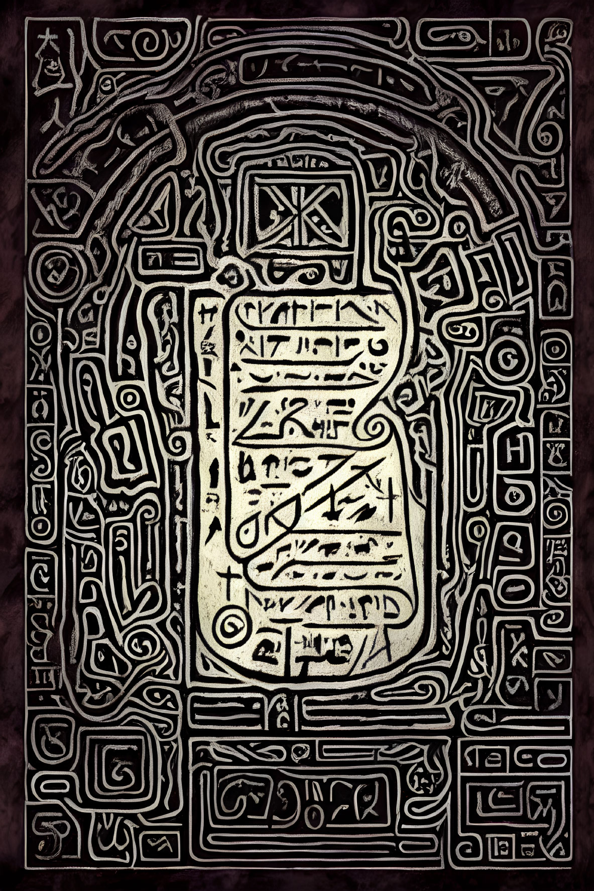 Detailed black and white image of textured ancient manuscript with inscriptions and intricate border.