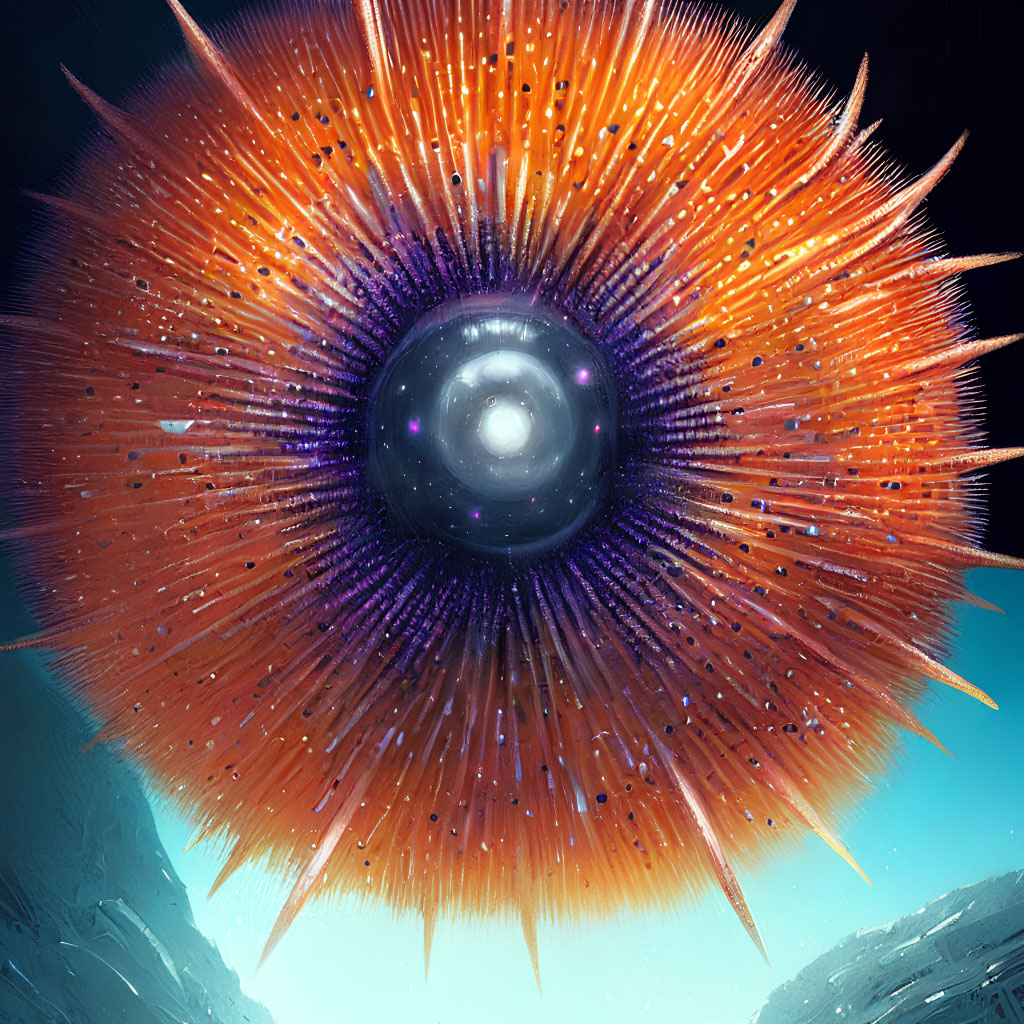 Colorful cosmic entity with central eye and radiant spikes on starry backdrop