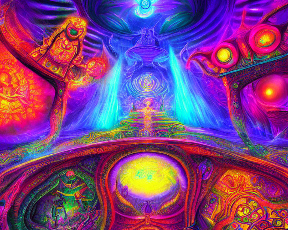 Colorful Psychedelic Artwork with Celestial Beings and Vibrant Patterns