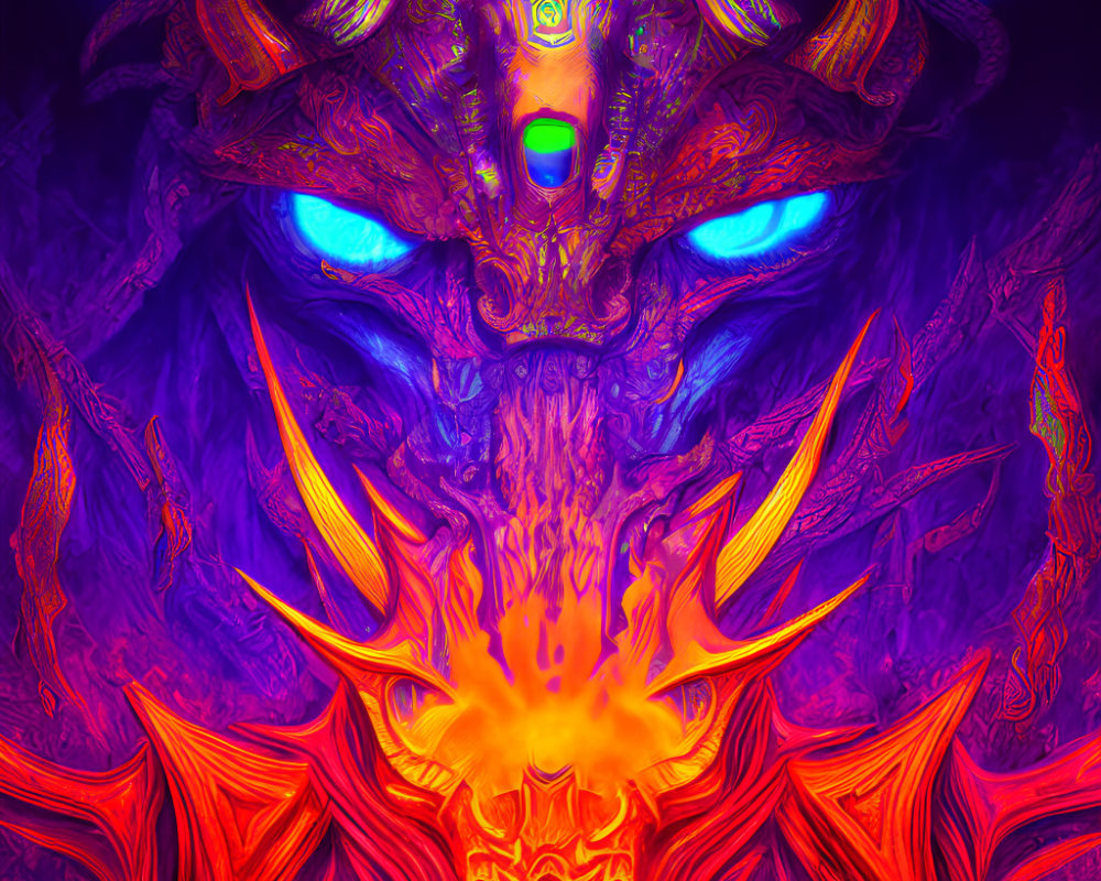 Colorful digital artwork: Dragon with glowing blue eyes and fiery orange accents on vibrant purple and blue backdrop