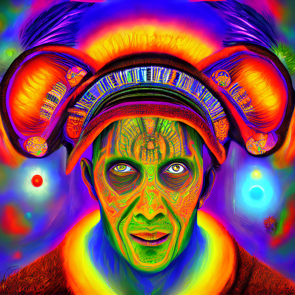 Colorful Psychedelic Portrait with Elaborate Headdress