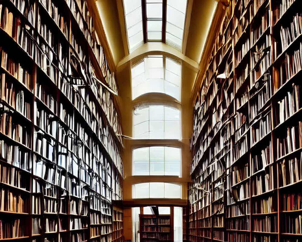 Spacious library with tall wooden bookshelves and skylights