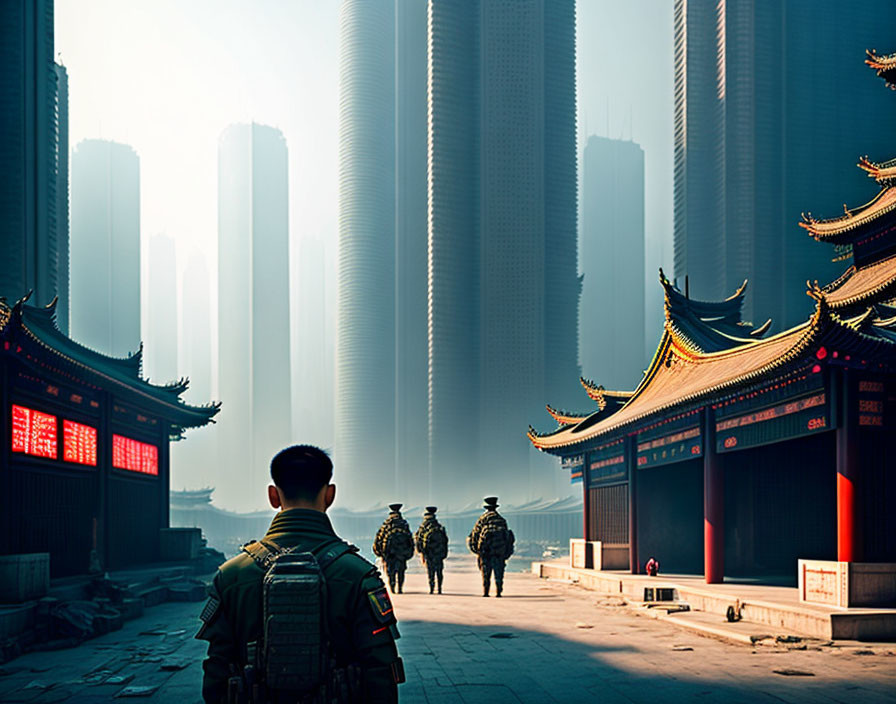 Soldiers walking past traditional roofs towards foggy skyscrapers