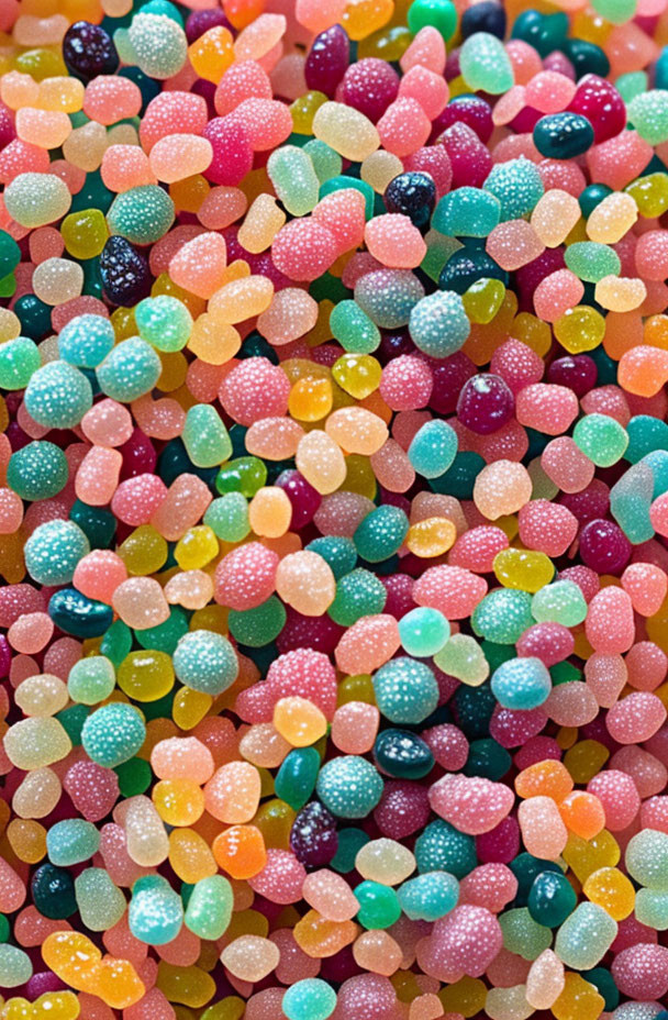 Multicolored sugar-coated jelly candies with glistening surface