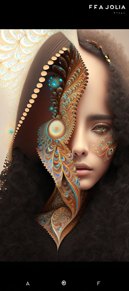 Elaborate metallic face adornment on woman against dark ornate background