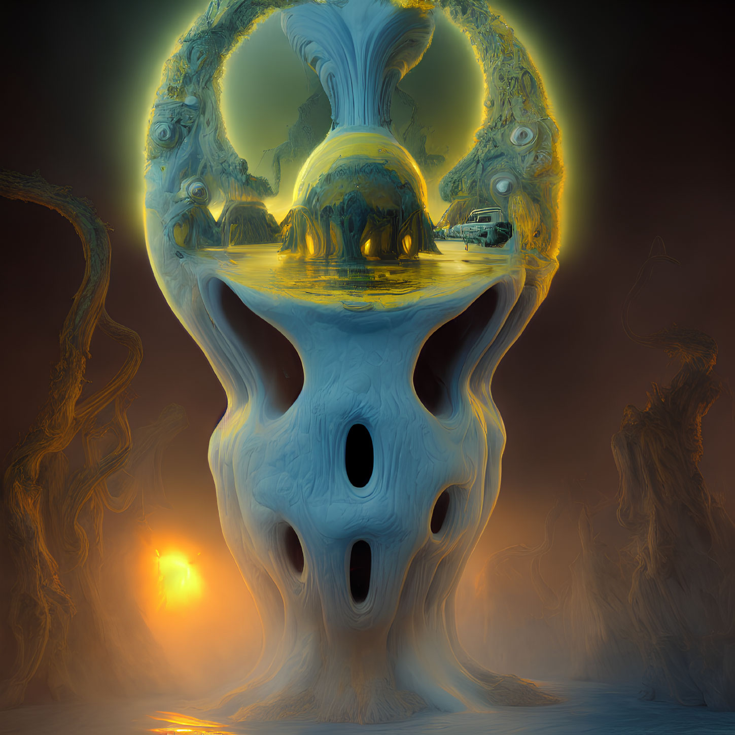 Surreal fractal landscape with glowing orbs and alien tree shapes