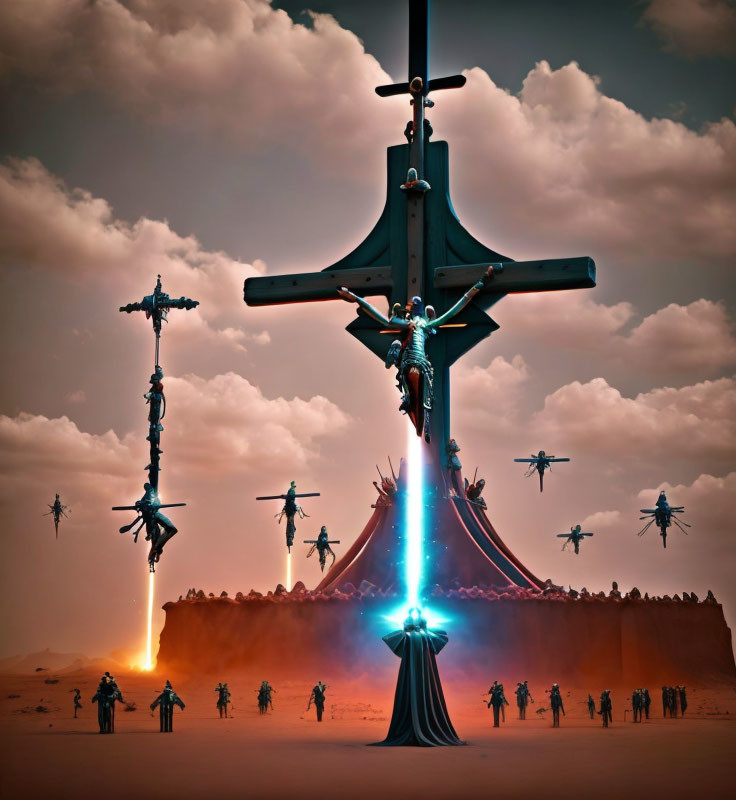 Surreal desert landscape with sword-shaped spaceships under red sky