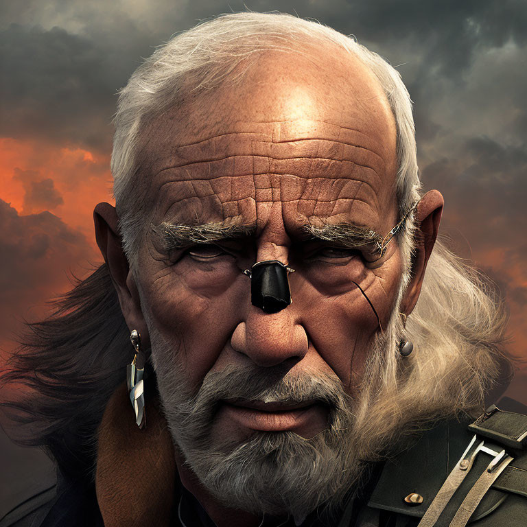 Elderly Man with Eye Patch and Earrings in Stormy Sky Portrait