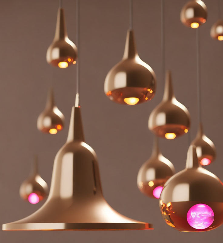 Sleek Gold Pendant Lights with Glowing Pink Bulbs