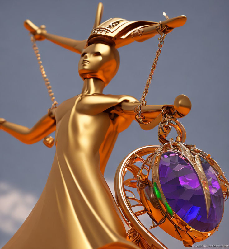 Golden Lady Justice Statue with Purple Gemstone on Balanced Scales