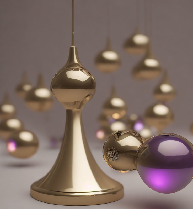 Golden pedestal with sphere and floating metallic orbs in purple hues