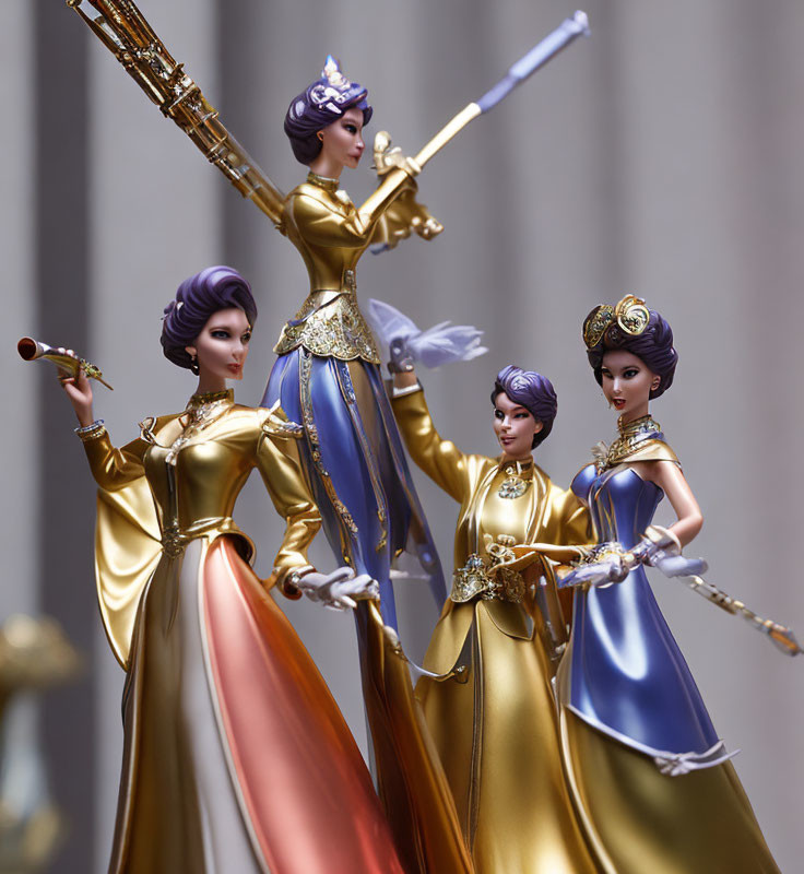 Regal Gold and Blue Attire Figurines Playing Wind Instruments