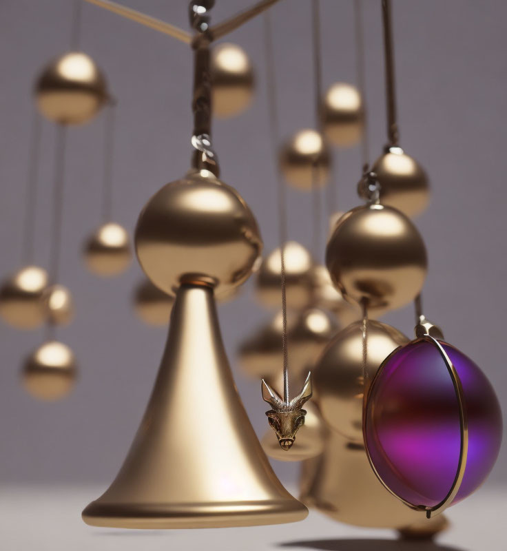 Contemporary art installation with gold geometric shapes and purple ornament