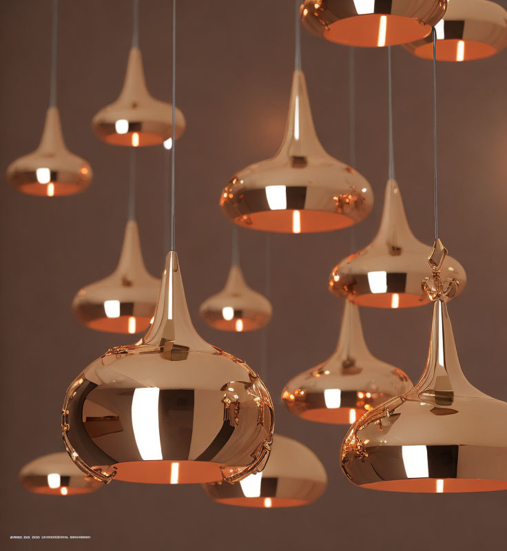 Cluster of Shiny Copper Pendant Lights in Modern Interior