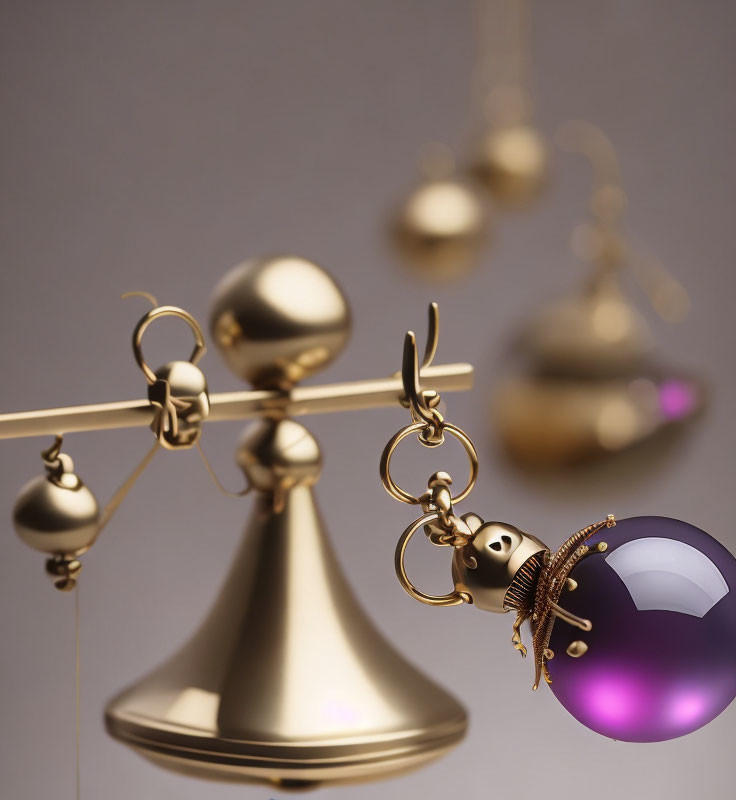 Golden balance scale with skull and purple orb charms.