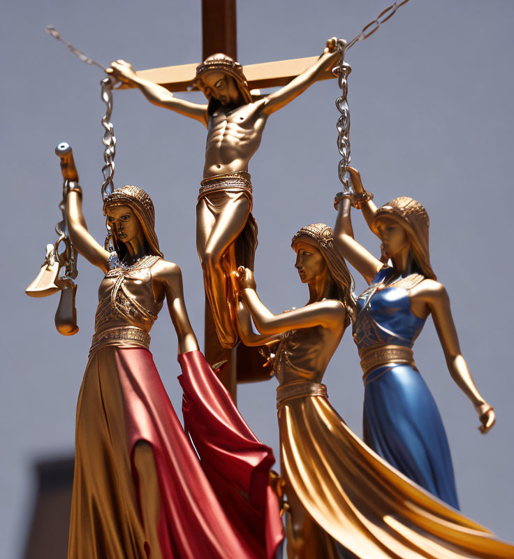 Religious crucifix with Jesus and blindfolded Lady Justice statues