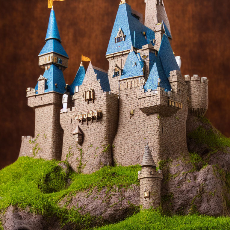 Miniature castle with blue rooftops on grassy mound against brown background