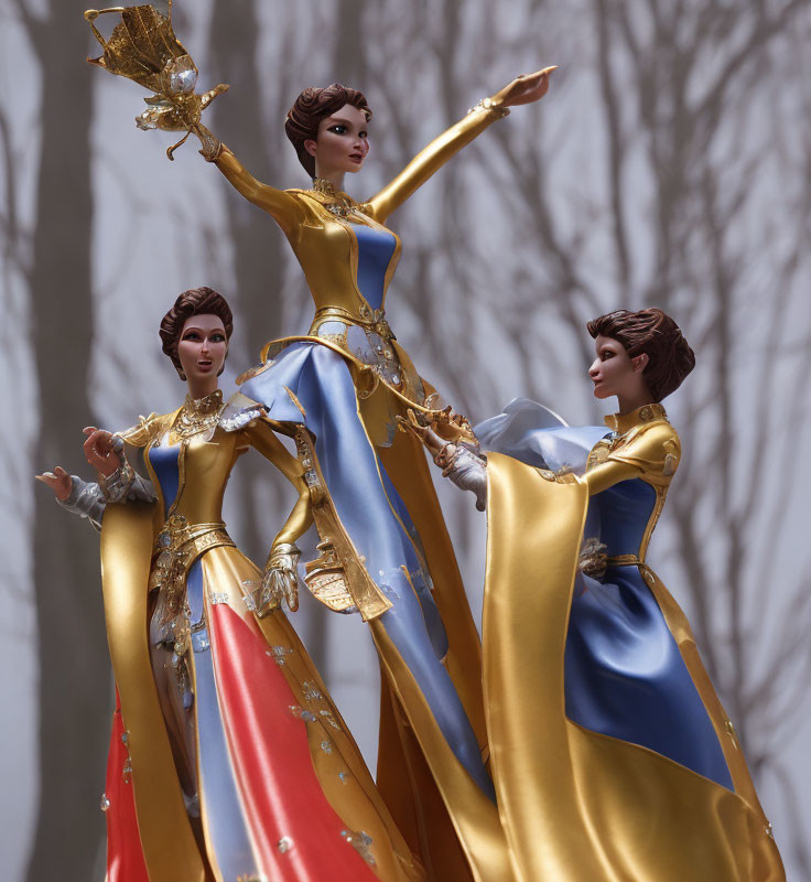 Elegant blue and gold figures with outstretched arms and golden scepter