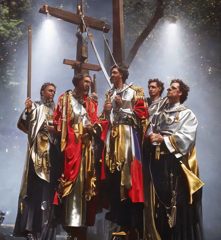 Five individuals in ornate ceremonial attire standing in front of a large cross