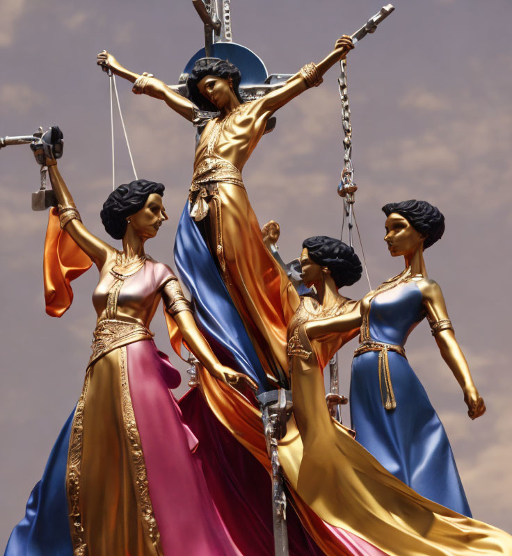 Three female figurines in flowing dresses and headscarves suspended by chains on cloudy sky backdrop