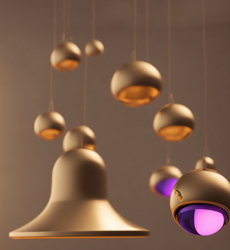 Modern Bell-Shaped Pendant Lights with Purple Interiors on Gray Background