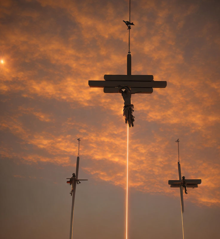 Lighting rods in orange sky struck by lightning, with birds perched on each.