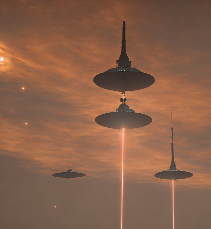 Eerie flying saucers emit light beams in dusky sky