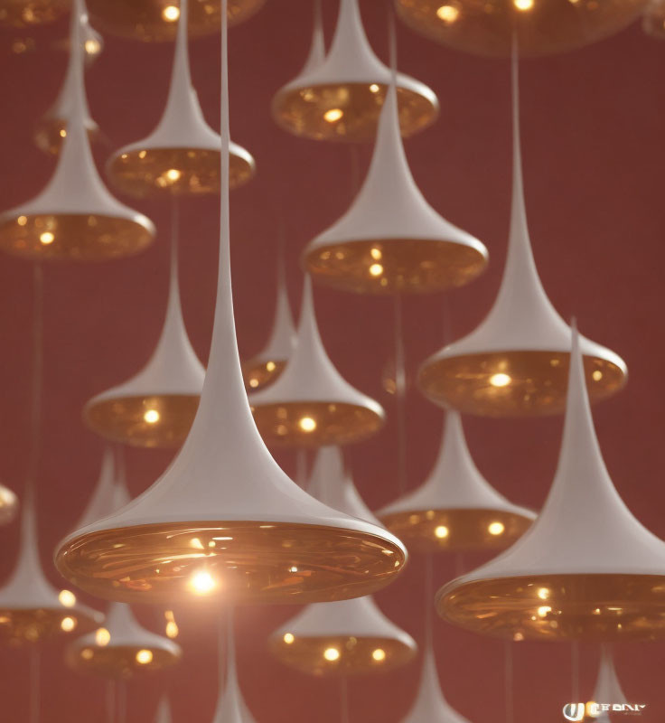 Unique Inverted Teardrop Pendant Lights: White exterior, golden interior, against dark red background