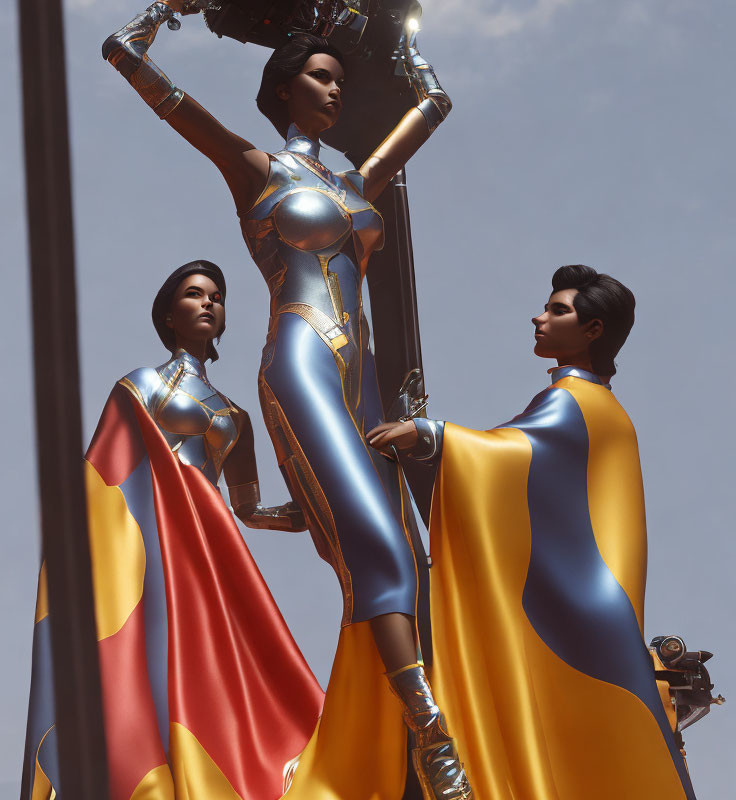 Futuristic figures in metallic suits and capes under clear sky