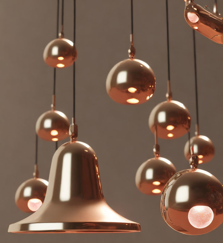 Contemporary copper pendant lights with warm glow on neutral backdrop