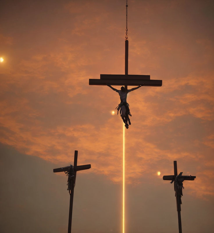 Crucifix Figure in Fiery Sky with Surreal Light Beam