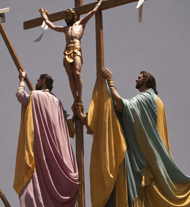 Historical Costumes Interacting with Cross Statue in Clear Sky