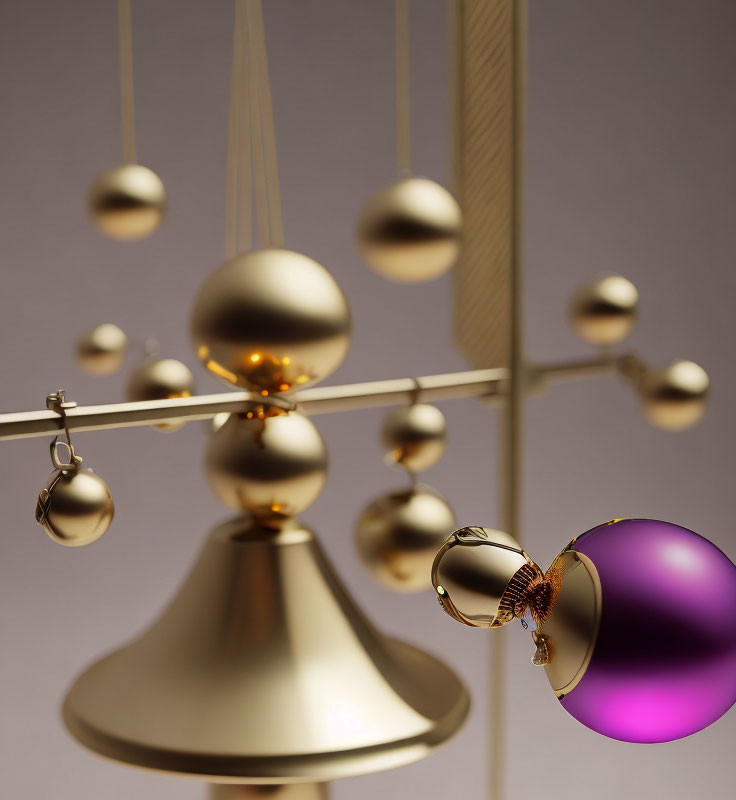 Golden Balance Mobile with Violet Sphere Tipping the Scale