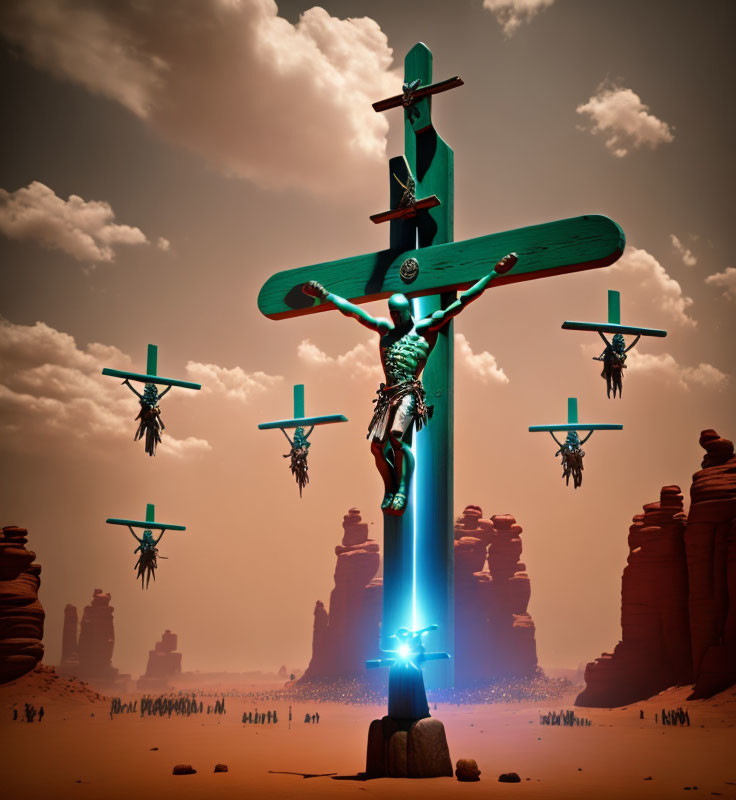 Surreal image of person nailed to glowing cross in desert with floating aircraft