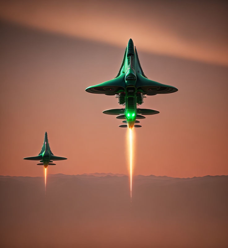 Futuristic green spacecrafts flying over hazy orange landscape