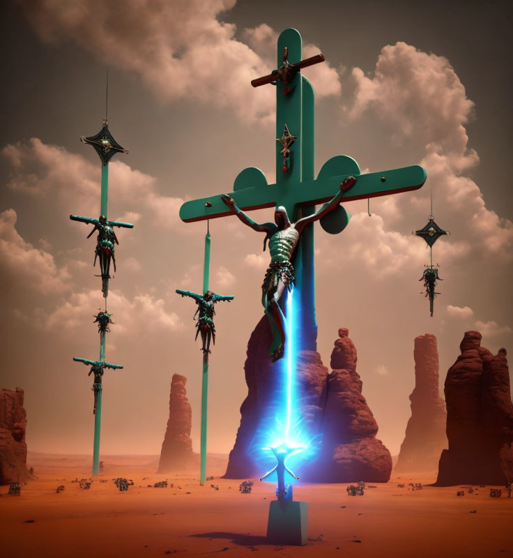 Surreal desert landscape with towering rock formations and crosses with humanoid figures