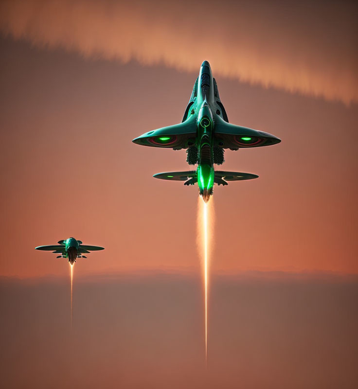 Futuristic fighter jets with green glowing engines in sunset sky