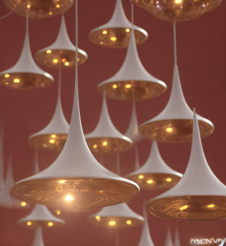 White Pendant Lights with Gold Interior on Red Background