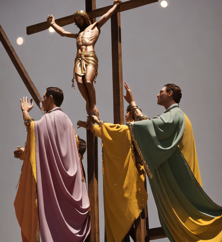 Biblical attire actors reenact crucifixion under clear sky