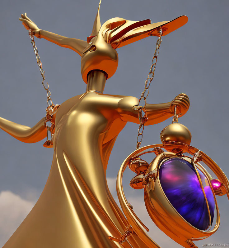 Golden humanoid figure with elongated limbs and ornate pocket watch against blue sky