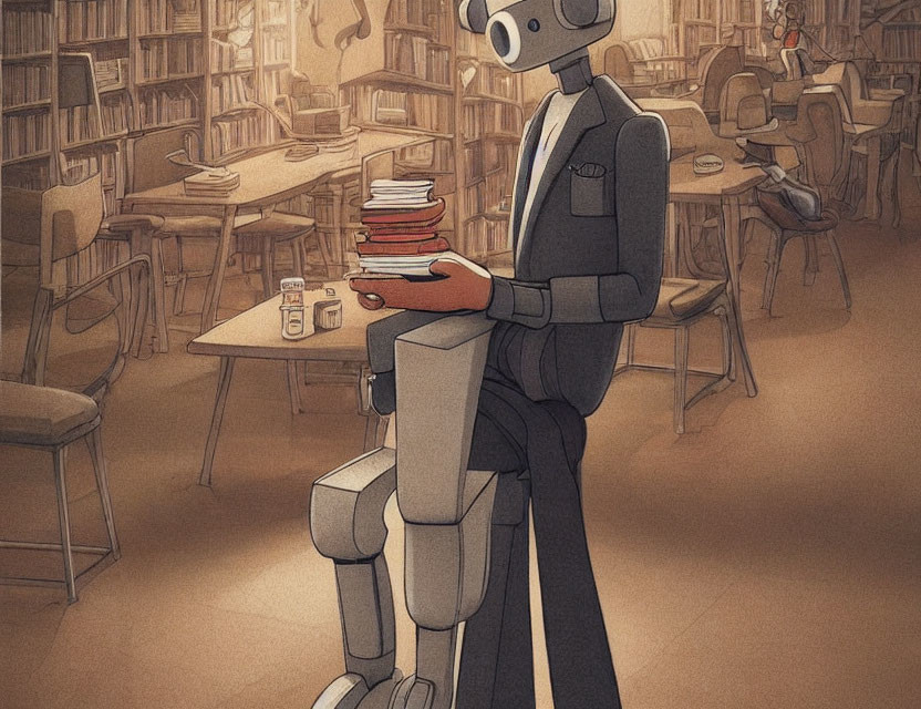 Robot in Suit with Books in Cozy Library Setting