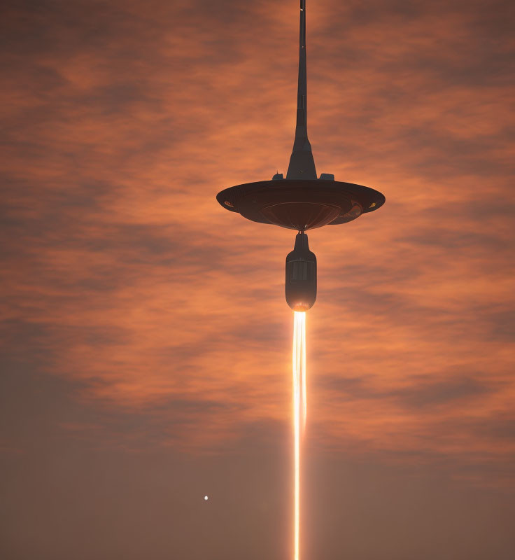 UFO-shaped spaceship emitting light in orange sky